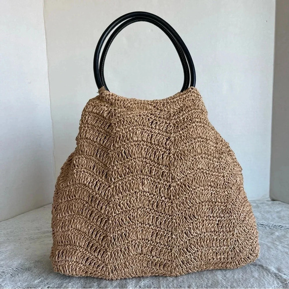 Handbag Straw Woven Tote with Leather Straps - Picture 3 of 15
